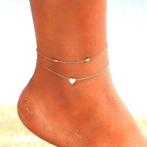 Heart Bead Anklet Double Chain Beach Vacation Summer Minimalist Gold